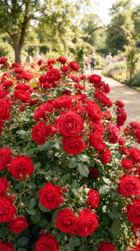 Vibrant Red Roses Blooming in a Lush Garden Path.