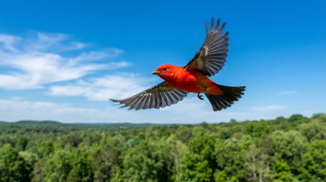 Vibrant Scarlet Tanager Bird in Flight Over Lush Green Forest Canopy.