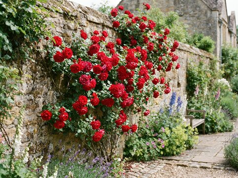 Vibrant Red Roses Climbing a Rustic Stone Wall in a Quaint Garden Path.