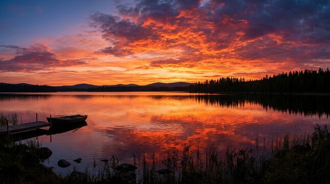 Vibrant Sunset Over Calm Lake with Silhouetted Trees and Dock.