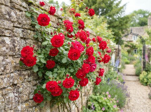 Vibrant Red Roses Climbing a Textured Stone Wall in a Lush Garden.