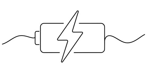 Fototapeta premium One continuous line drawing of battery with lightning bolt sign representing electrical energy power charging status concept.