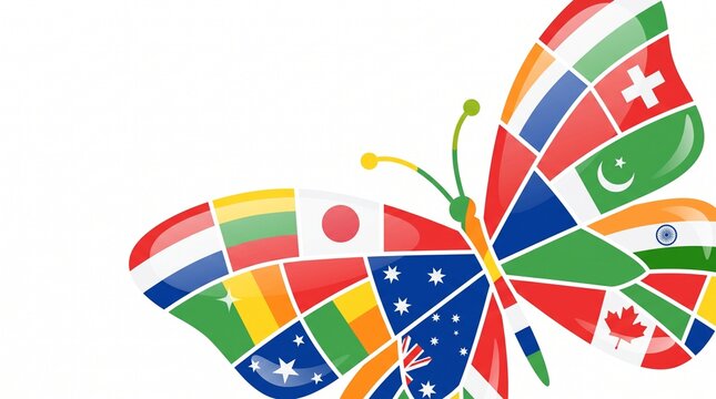 Colorful butterfly made of international country flags on white background, global unity, diversity and freedom concept with copy space