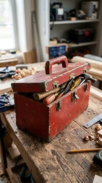 Vintage Red Toolbox Filled with Old Woodworking Tools on a Rustic Workbench.