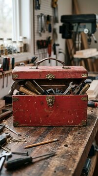Vintage Red Metal Toolbox Filled with Assorted Tools on a Workbench.