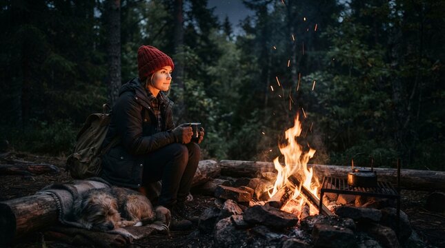Woman Enjoying Warmth of Campfire in Dark Forest at Dusk.