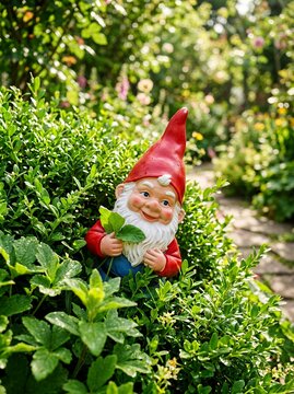 Whimsical Garden Gnome Peeking Through Lush Greenery.
