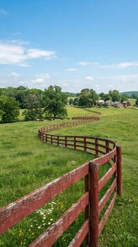 Winding Wooden Fence Through Lush Green Pasture Under Blue Sky.