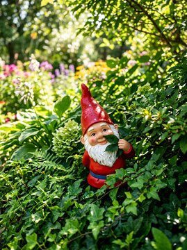 Whimsical Garden Gnome Peeking Through Lush Greenery in Sunlight.