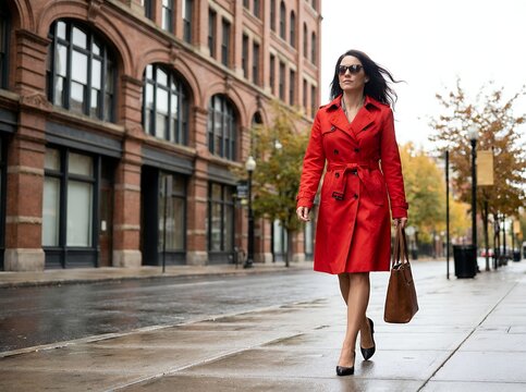 Woman in Red Trench Coat Walking on City Street.