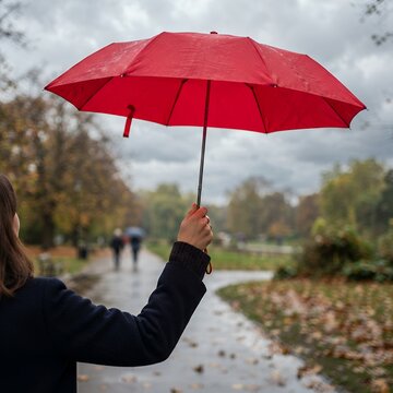 Woman Holding Red Umbrella in Rainy Park.