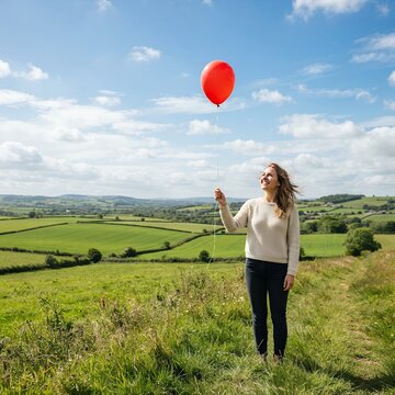 Woman Releasing Red Balloon into Scenic Countryside Landscape.