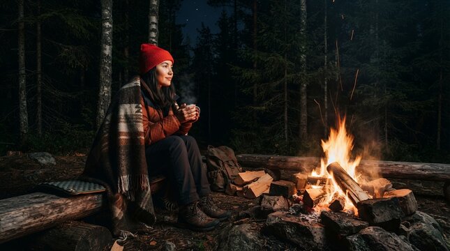 Woman sitting by campfire in forest at night holding a mug.