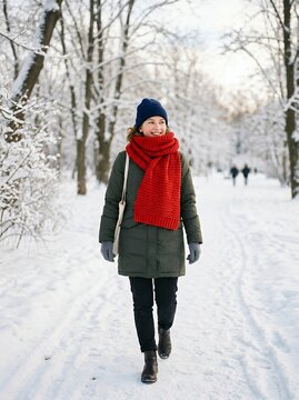 Woman walking in a snowy park during winter.