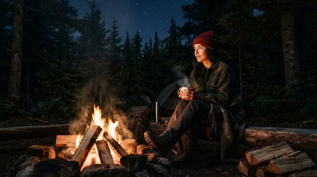 Woman Sitting by Campfire at Night in Forest.