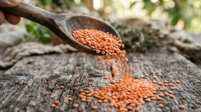 Wooden Spoon Pouring Red Lentils onto Textured Rustic Wood Surface.