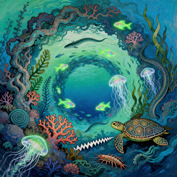 Fantasy Underwater Painting with Turtle and Jellyfish