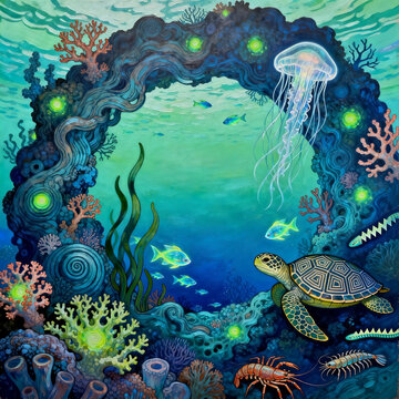 Fantasy Underwater Painting with Turtle and Jellyfish