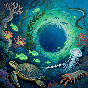 Fantasy Underwater Painting with Turtle and Jellyfish