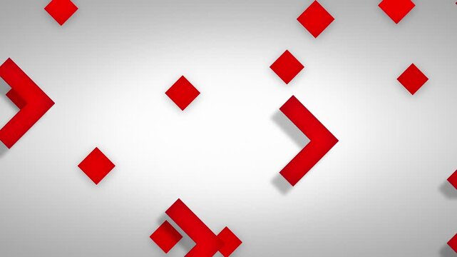 Red arrow shapes sweep from left to right over small rectangles moving in the opposite direction, creating a layered animation with depth and contrast against a clean grey and white background
