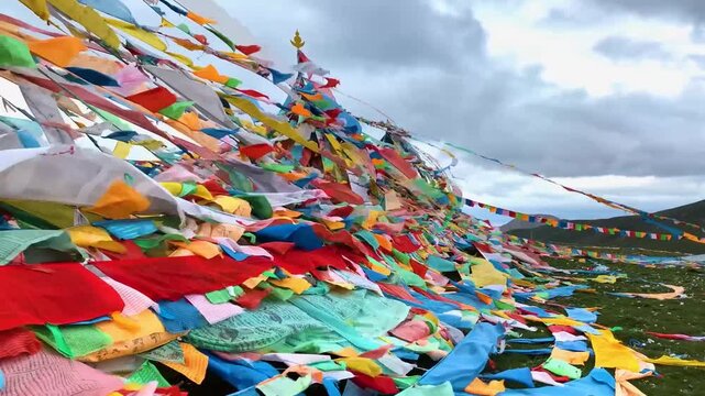 Tibetan prayer flags fluttering in wind at high-altitude mountain site with cloudy sky