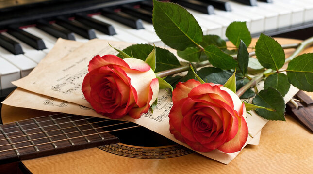 Red roses lying on acoustic guitar and sheet music with piano keys