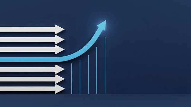 Business growth and competitive advantage concept featuring a glowing blue rising arrow breaking away from horizontal white arrows over a financial bar chart