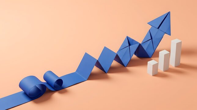 Creative business strategy and financial growth concept illustrated by an unfolding blue origami paper arrow rising alongside ascending white bar charts on a peach background