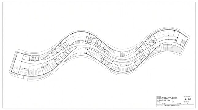 A detailed technical architectural floor plan drawing showing a curved building layout with precise dimensions and structural annotations on a white background for construction projects