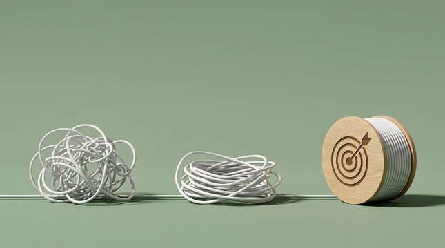 Strategic problem solving and organization concept featuring a tangled wire transitioning into a neatly coiled wooden spool with a target bullseye icon