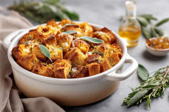 Oven baked bread stuffing with toasted cubes, sage leaves, herbs, and golden crust in a white ceramic casserole dish on a wooden table