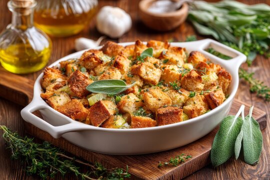 Oven baked bread stuffing with toasted cubes, sage leaves, herbs, and golden crust in a white ceramic casserole dish on a wooden table