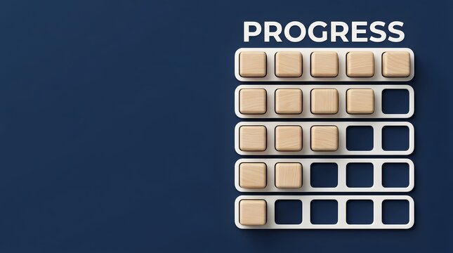 Visualizing business progress and project management tracking concept featuring a partially filled grid of wooden blocks on a dark blue background