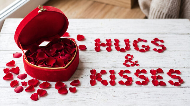 Red heart shaped velvet box filled with rose petals beside text spelled in flower petals with wooden table surface petals white celebration anniversary arrangement composition