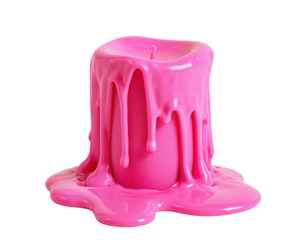 A pink melting candle with wax drips isolated on transparent background