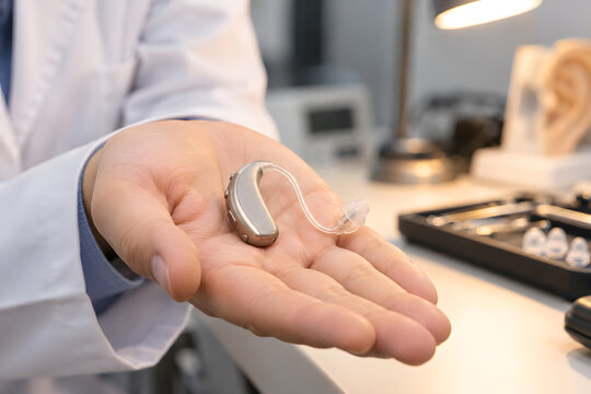 Hearing aid with clear tube in audiologist palm, ear anatomy model and dome tray blurred on clinic desk