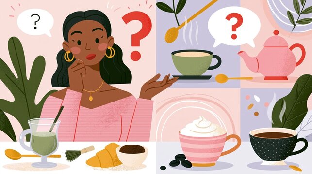 Woman contemplates beverage choices among coffee, tea, and matcha.