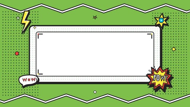 Comic Book Style Green Background with Blank Rectangular Frame and Decorative Pop Art Elements for Creative Graphic Design Projects