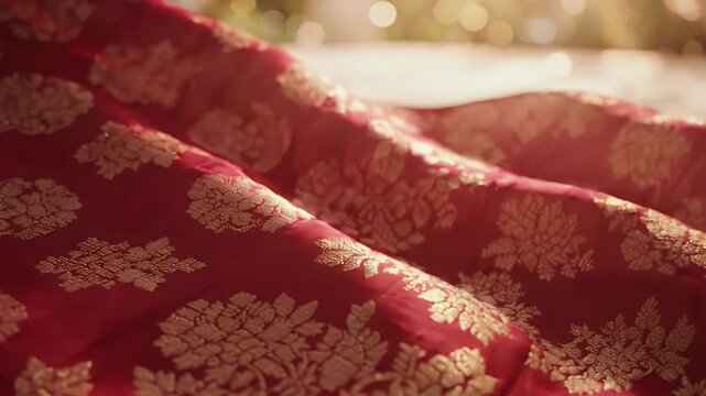 Rich red silk fabric with gold pattern flows gently