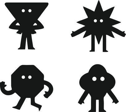 Four black monster silhouettes with simple shapes and cartoon eyes on a white background for playful designs