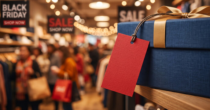 Red price tag on a blue luxury gift box in a retail clothing store during Black Friday sale