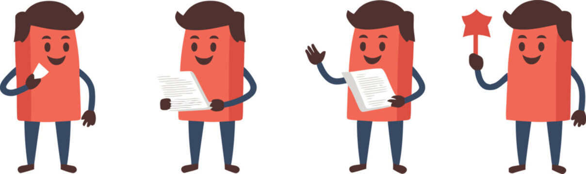 Four cartoon characters in various poses with documents and a flag flat vector illustration