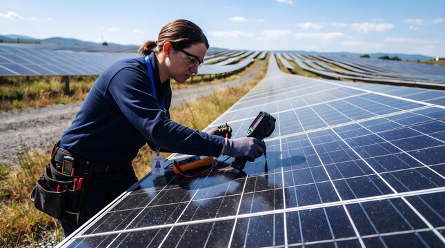 Female engineer analyzing solar panel efficiency with infrared thermal camera photo, close up of technician conducting thermal imaging diagnostic on photovoltaic array, and green energy technology.
