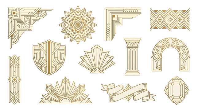 Art Deco Ornaments: Geometric Frames, Corner Designs, Arch, Column, Banner