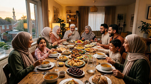Extended Muslim family enjoying a festive Ramadan dinner together while seated around a traditional dining room table.