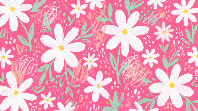 Abstract floral pattern with white daisies and handdrawn scribbles on a vibrant pink background