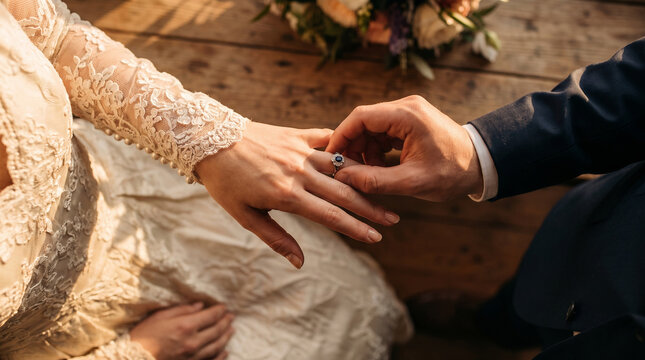 Groom putting a sapphire wedding ring on brides finger during ceremony