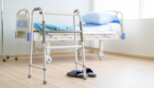 A medical walker and slippers are positioned near a hospital bed in a bright, clean patient room with wooden flooring.