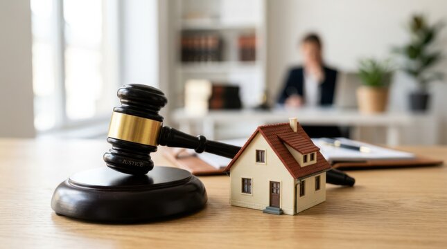 A judge's gavel and a miniature house on a desk with a blurred person in the background, symbolizing real estate law or property auction.