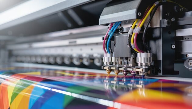 A close-up of a multi-head printer producing a vibrant, colorful print on a flat surface.
